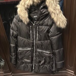 DKNY Black Puffer Coat with Faux Fur Trim